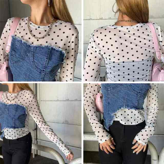 デニムベアイレギュラーヘムシアー切替トップス