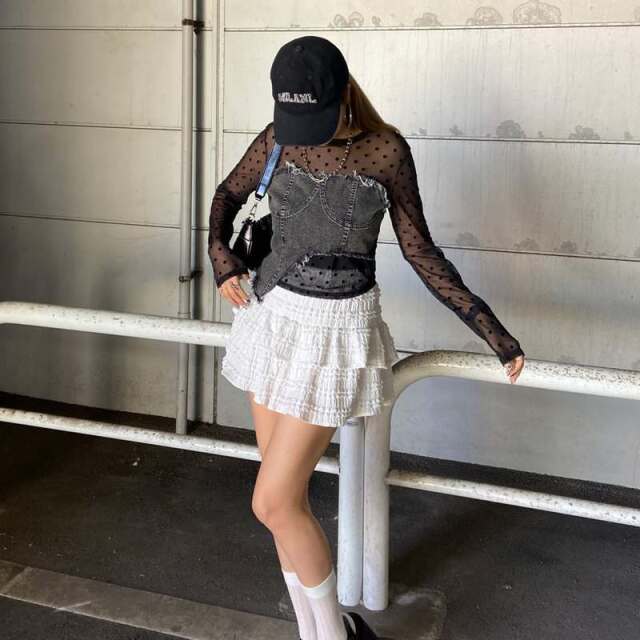 デニムベアイレギュラーヘムシアー切替トップス