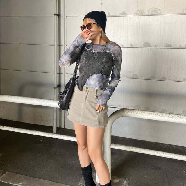 デニムベアイレギュラーヘムシアー切替トップス