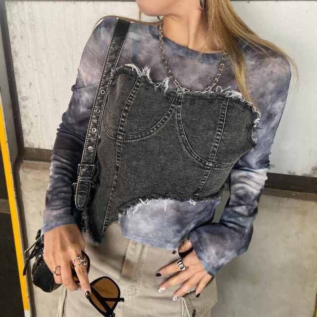 デニムベアイレギュラーヘムシアー切替トップス