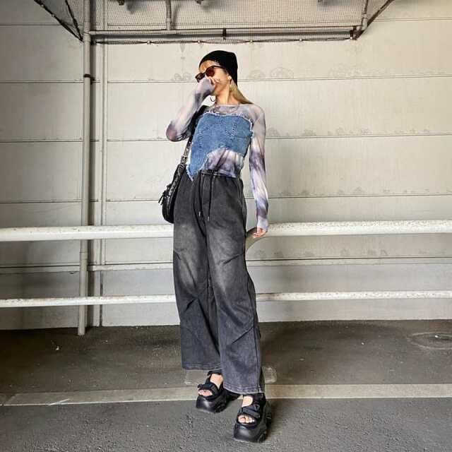 デニムベアイレギュラーヘムシアー切替トップス