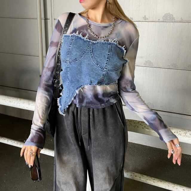 デニムベアイレギュラーヘムシアー切替トップス