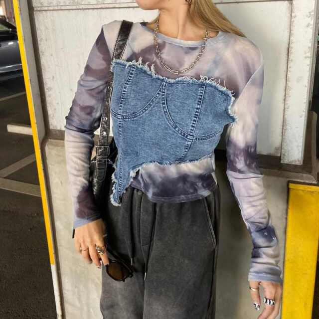 デニムベアイレギュラーヘムシアー切替トップス