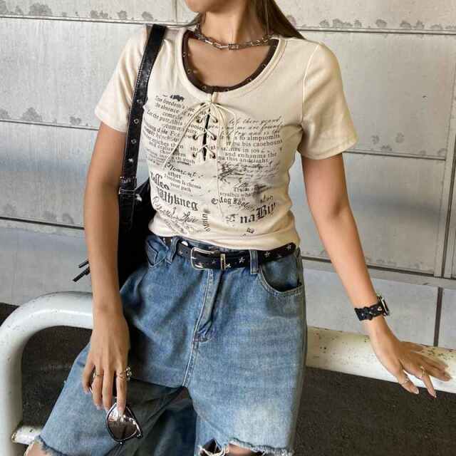アンサンブル風ロゴレースアップTシャツ