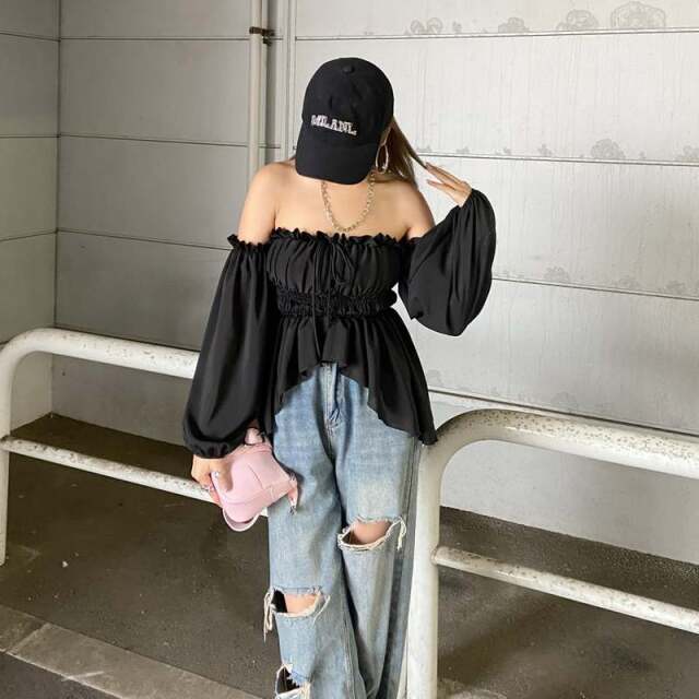 オフショルイレギュラーヘムトップス