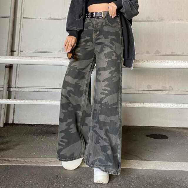 スターベルト付き迷彩ワイドパンツ