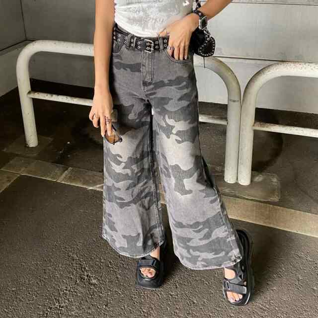 スターベルト付き迷彩ワイドパンツ