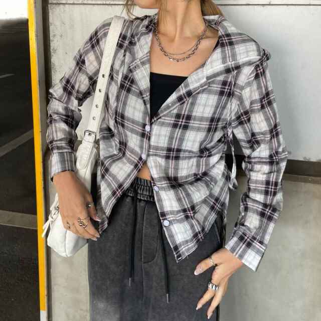 チェックフードドロストシャツ