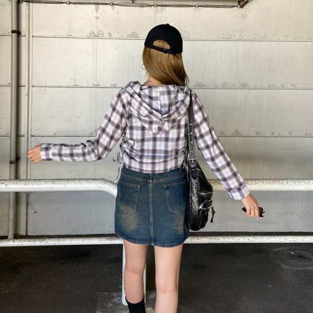 チェックフードドロストシャツ