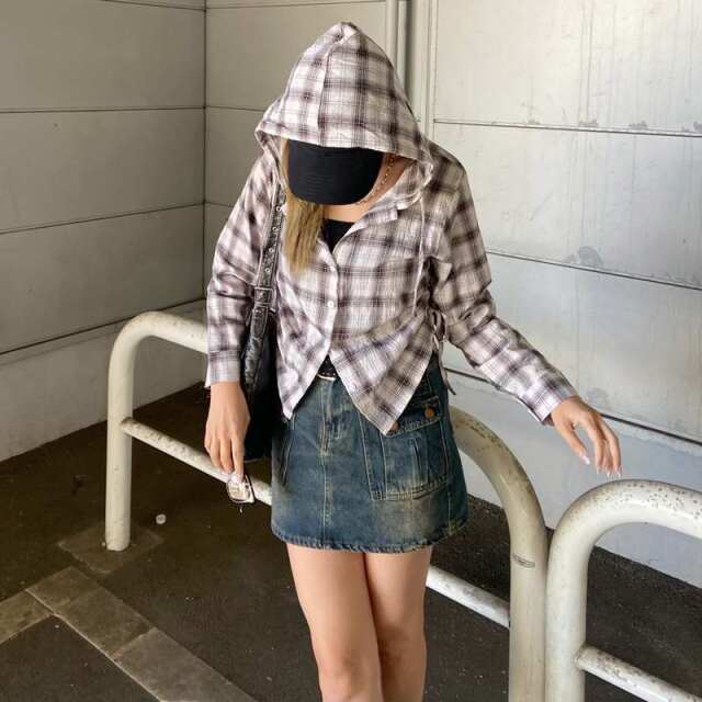 チェックフードドロストシャツ
