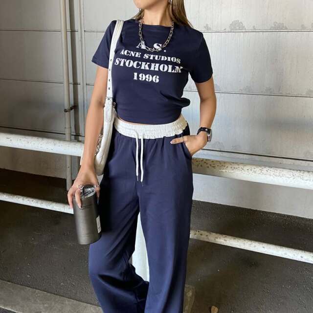 ウエスト配色ワイドパンツ・Tシャツセットアップ