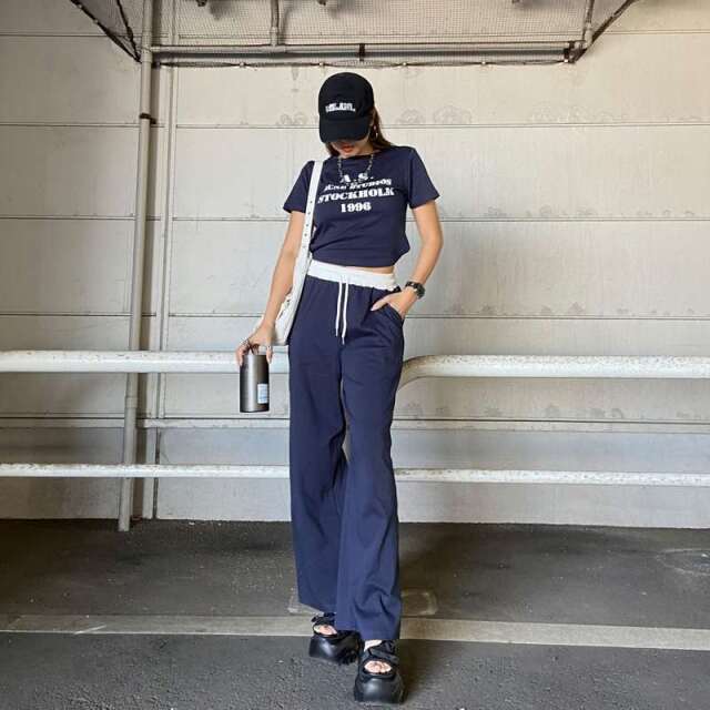ウエスト配色ワイドパンツ・Tシャツセットアップ