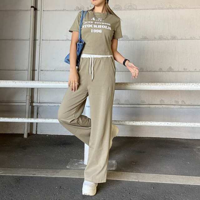ウエスト配色ワイドパンツ・Tシャツセットアップ