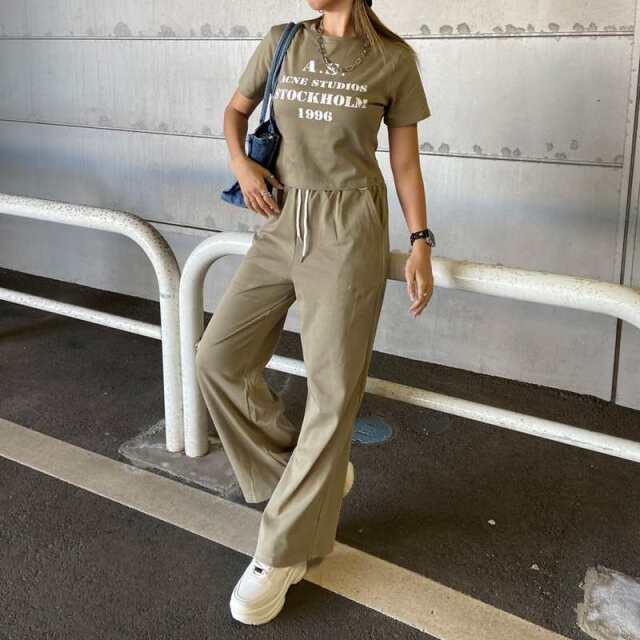 ウエスト配色ワイドパンツ・Tシャツセットアップ