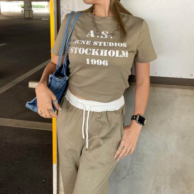 ウエスト配色ワイドパンツ・Tシャツセットアップ