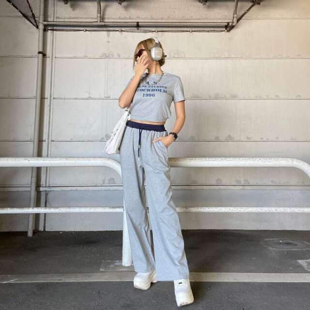 ウエスト配色ワイドパンツ・Tシャツセットアップ