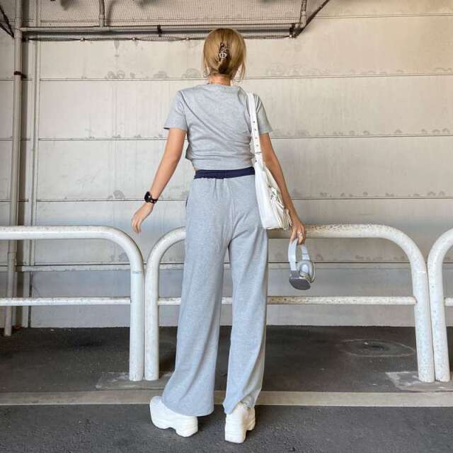ウエスト配色ワイドパンツ・Tシャツセットアップ