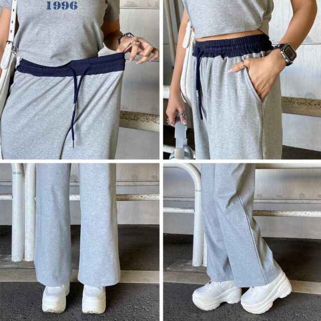ウエスト配色ワイドパンツ・Tシャツセットアップ