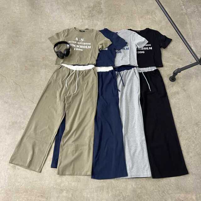 ウエスト配色ワイドパンツ・Tシャツセットアップ