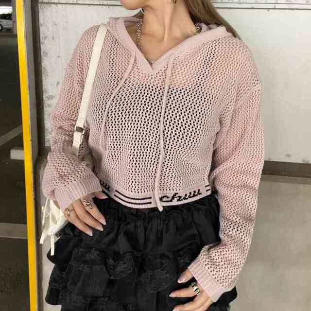 裾ロゴ透かし編フードプルオーバー