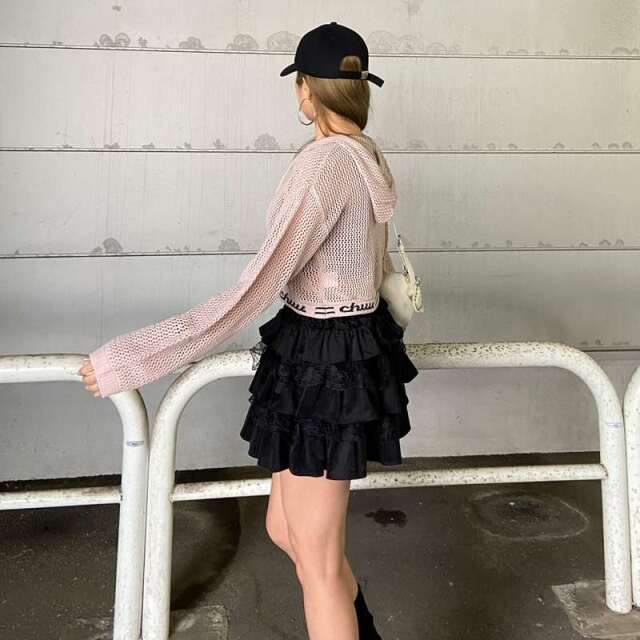 裾ロゴ透かし編フードプルオーバー