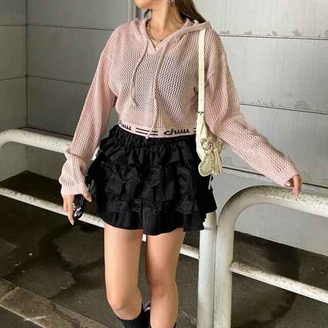 裾ロゴ透かし編フードプルオーバー