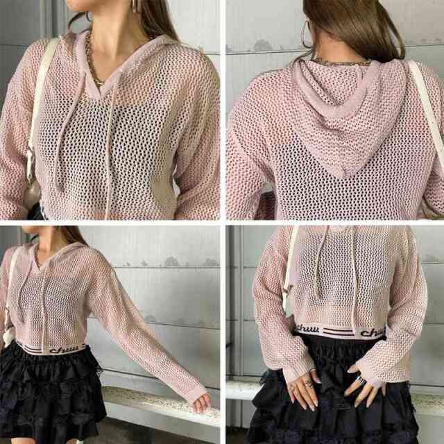 裾ロゴ透かし編フードプルオーバー