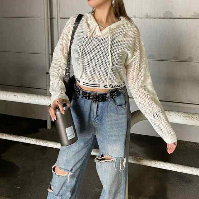 裾ロゴ透かし編フードプルオーバー