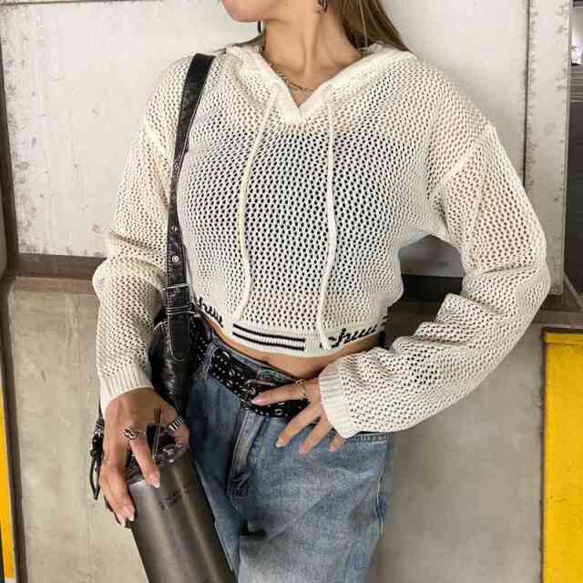 裾ロゴ透かし編フードプルオーバー