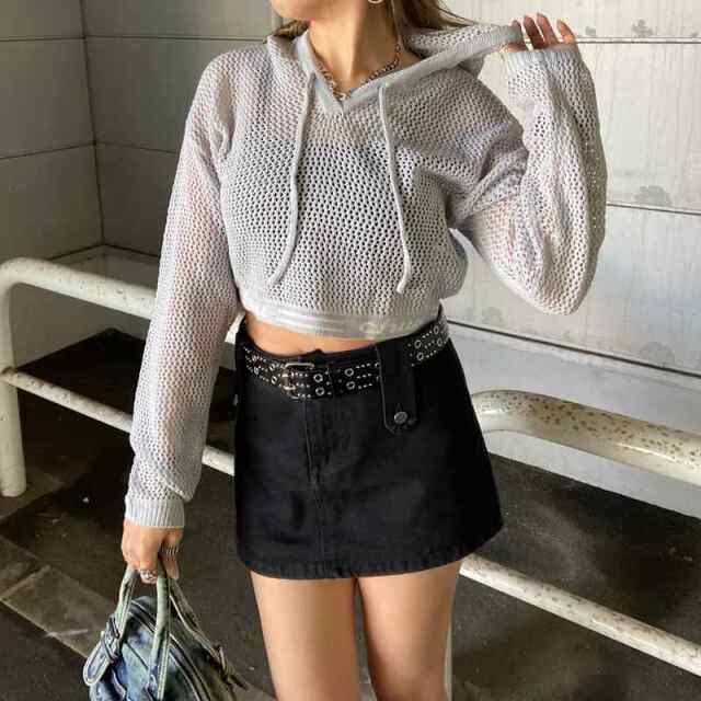 裾ロゴ透かし編フードプルオーバー