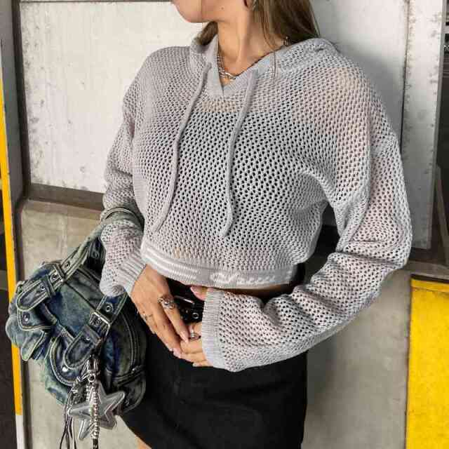 裾ロゴ透かし編フードプルオーバー