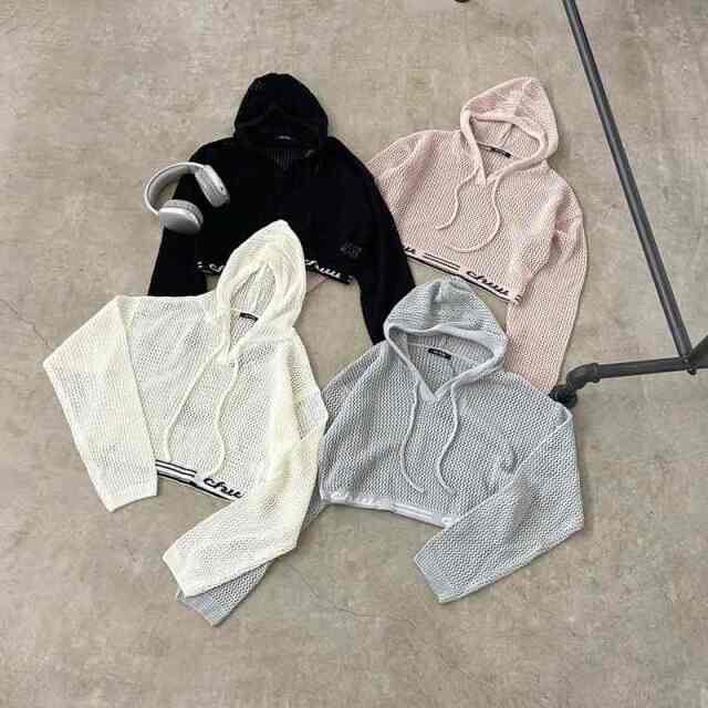 裾ロゴ透かし編フードプルオーバー