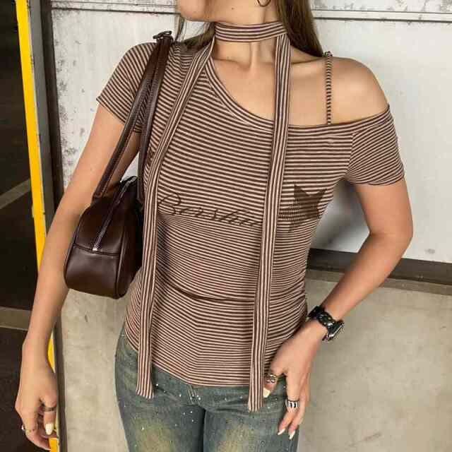 ボーダーワンショルダースターロゴトップス