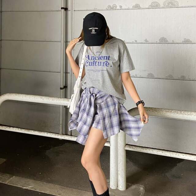 Tシャツ・チェックスカートセットアップ