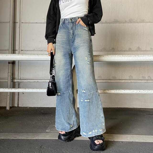 デニムダメージワイドパンツ