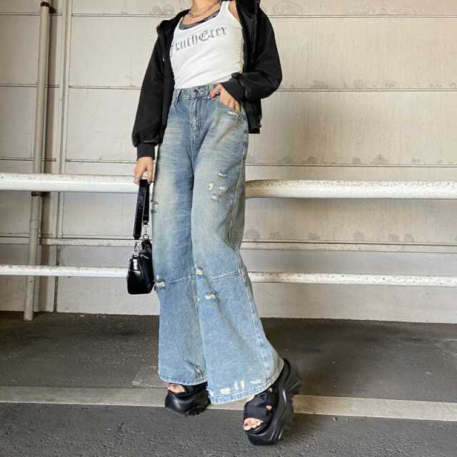 デニムダメージワイドパンツ