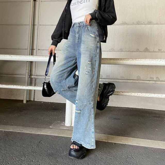 デニムダメージワイドパンツ