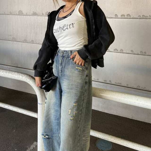 デニムダメージワイドパンツ