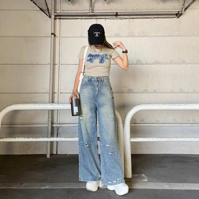 デニムダメージワイドパンツ