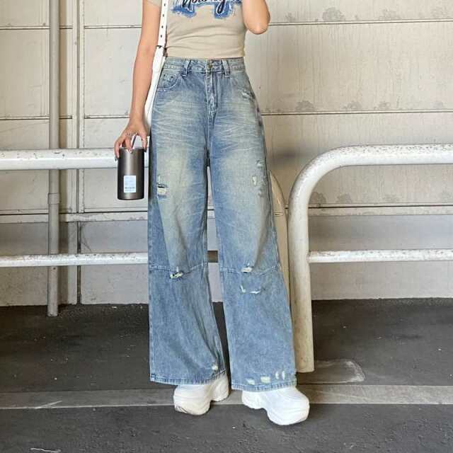 デニムダメージワイドパンツ