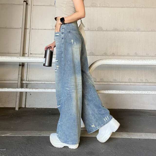 デニムダメージワイドパンツ