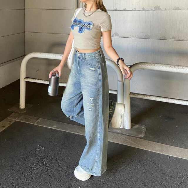 デニムダメージワイドパンツ