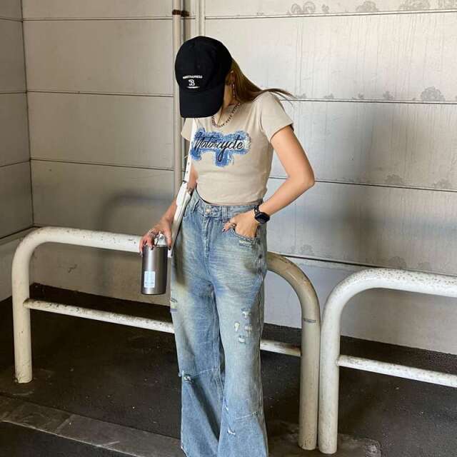 デニムダメージワイドパンツ