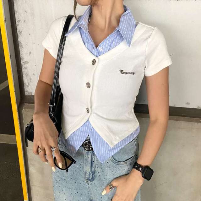 シャツアンサンブル風プレートトップス