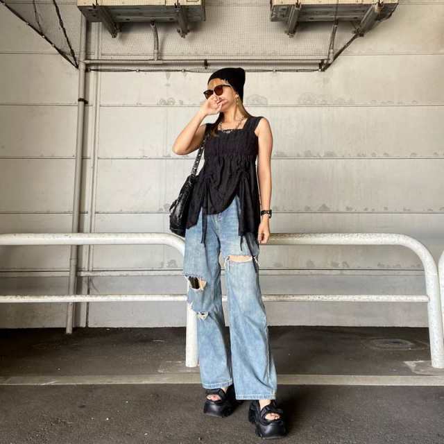 ダメージドロストノースリーブトップス