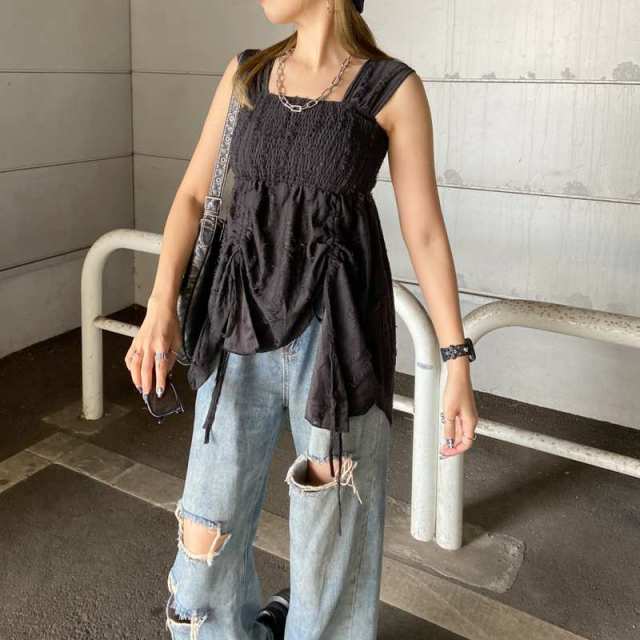 ダメージドロストノースリーブトップス