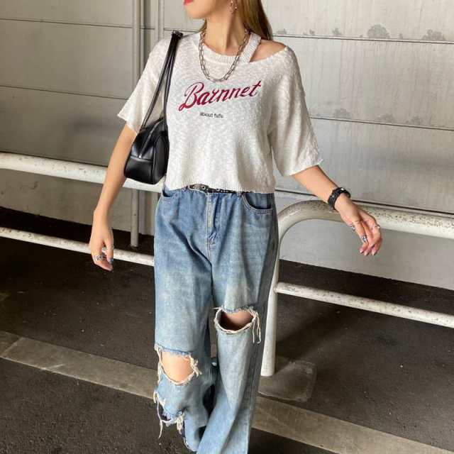 スラブカットショルダーロゴプルオーバー