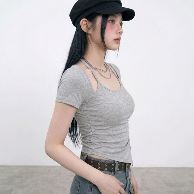ドロストイレギュラーヘムショートトップス