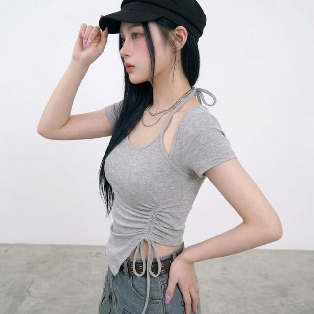 ドロストイレギュラーヘムショートトップス