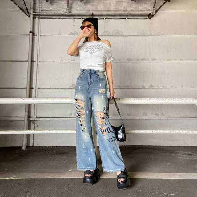 デニムロゴダメージストレートパンツ